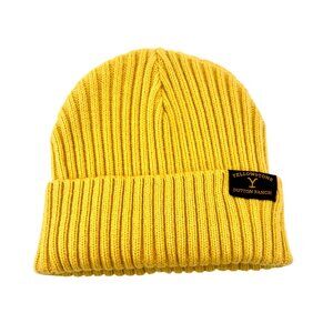 Yellowstone Dutton Ranch Knit Beanie Hat - Gold Ribbed Cuff Beanie Logo Patch